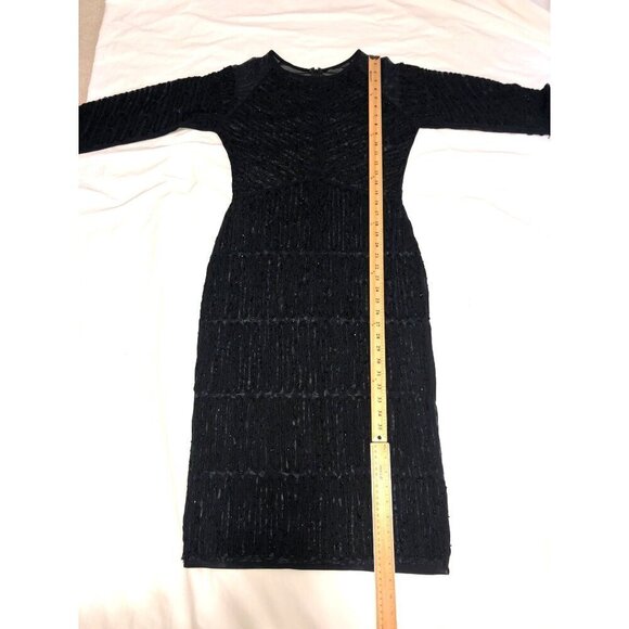 Black Beaded Sheer Mesh Dress Size M Long Sleeve Midi Sheath Goth Retro Whimsy - Picture 8 of 10